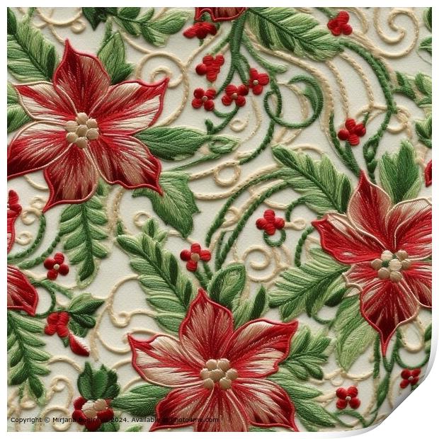 Embroided seamless pattern tile with red flower Print by Mirjana Bogicevic