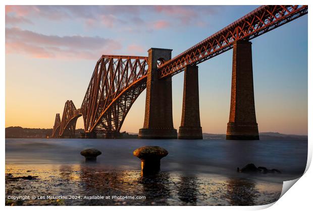 Sunset scene from the Forth Rail Bridge in Queensferry Scotland Print by Les McLuckie