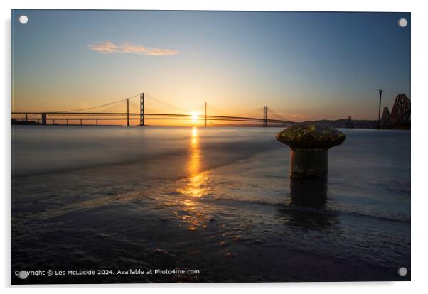Sunset over the Forth Road Bridges from the rail bridge shoreline Acrylic by Les McLuckie