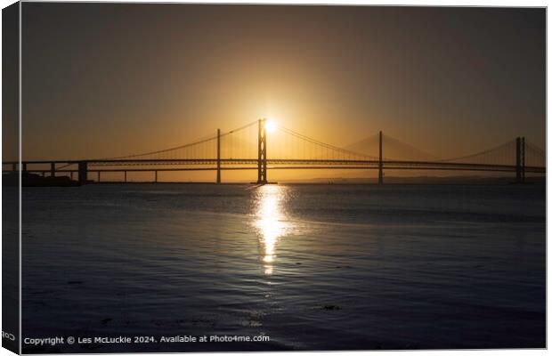 View of the Forth road bridges at sunset Canvas Print by Les McLuckie