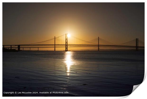 View of the Forth road bridges at sunset Print by Les McLuckie