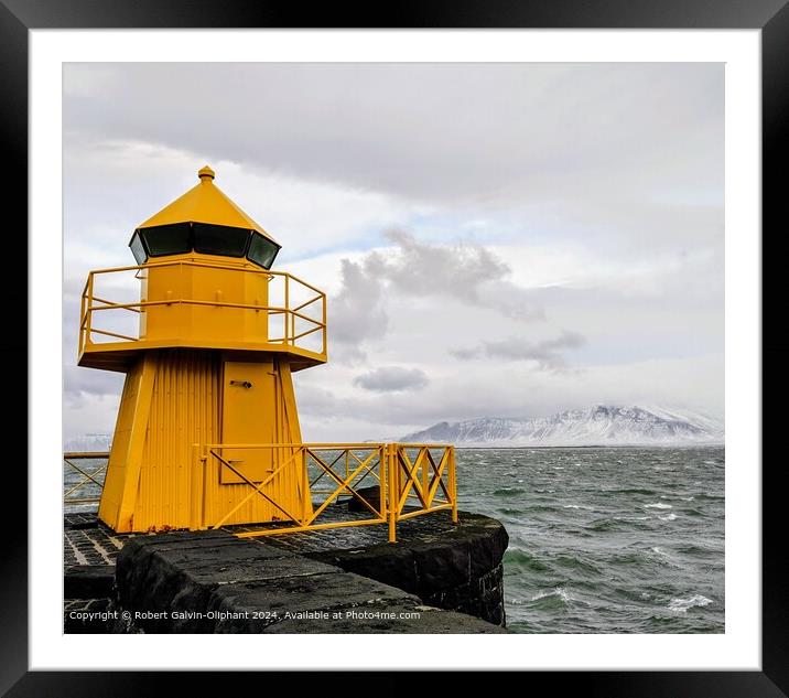 Yellow Lighthouse Seascape Reykjavik Framed Mounted Print by Robert Galvin-Oliphant