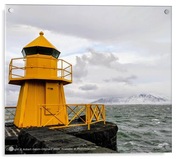 Yellow Lighthouse Seascape Reykjavik Acrylic by Robert Galvin-Oliphant