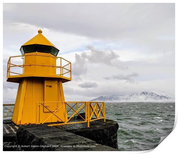 Yellow Lighthouse Seascape Reykjavik Print by Robert Galvin-Oliphant