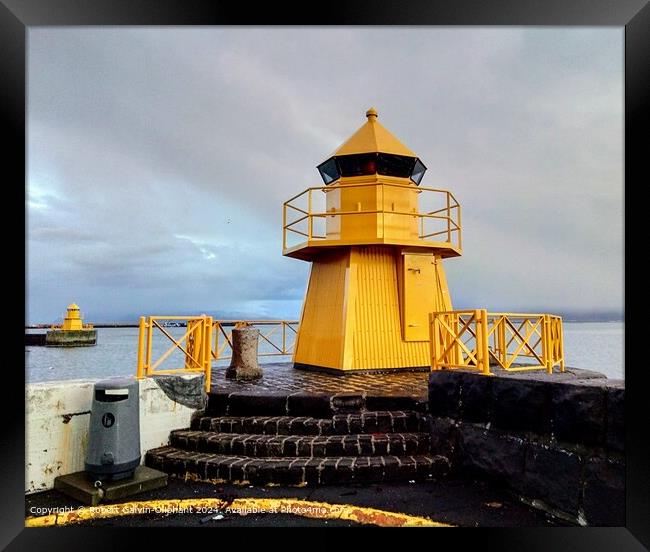 Yellow Lighthouses Reykjavik Seascape Framed Print by Robert Galvin-Oliphant