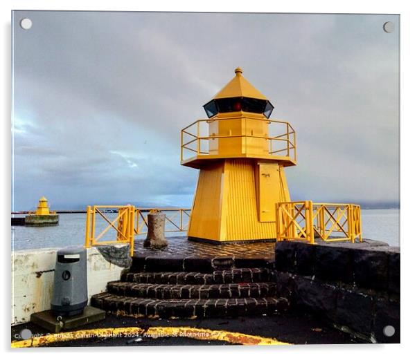 Yellow Lighthouses Reykjavik Seascape Acrylic by Robert Galvin-Oliphant