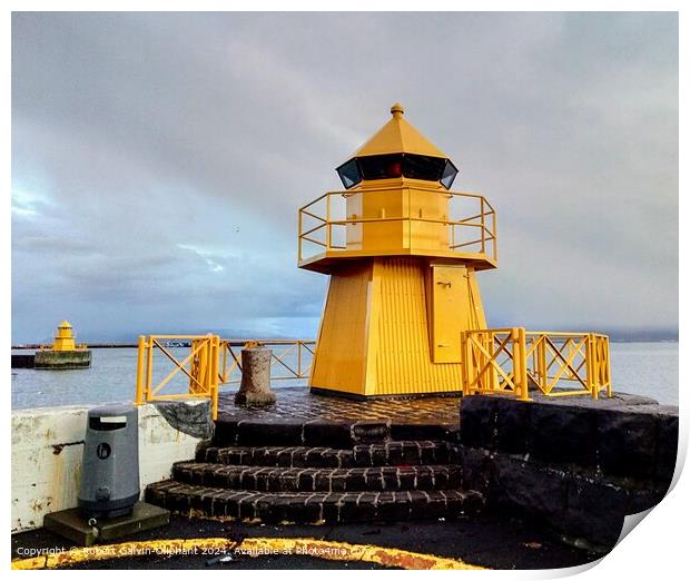 Yellow Lighthouses Reykjavik Seascape Print by Robert Galvin-Oliphant