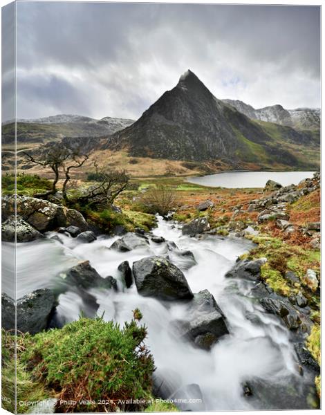 Tryfan and Afon Lloer on a Stormy Winter Day. Canvas Print by Philip Veale