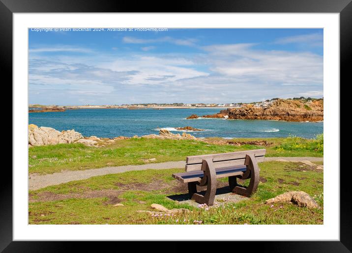 Bench with a Coastal View Guernsey Framed Mounted Print by Pearl Bucknall