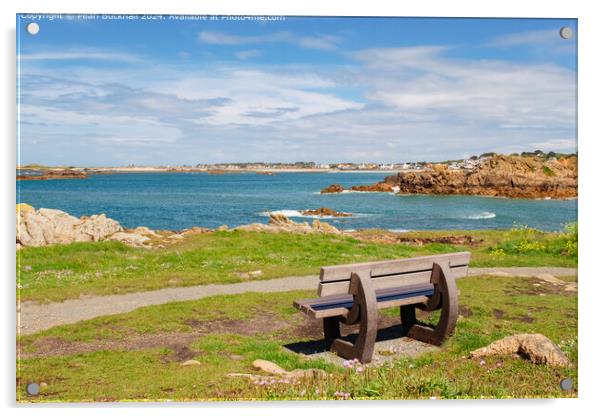 Bench with a Coastal View Guernsey Acrylic by Pearl Bucknall