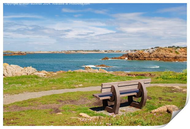 Bench with a Coastal View Guernsey Print by Pearl Bucknall
