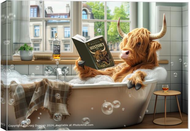 Highland Cow Reading in the Bath Canvas Print by Craig Doogan
