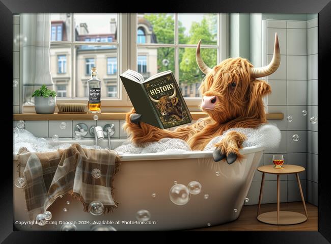 Highland Cow Reading in the Bath Framed Print by Craig Doogan