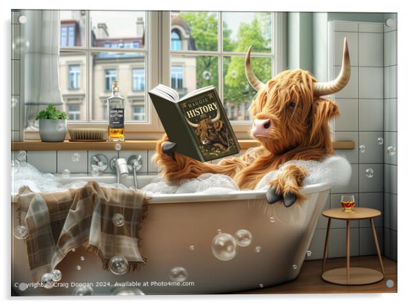 Highland Cow Reading in the Bath Acrylic by Craig Doogan