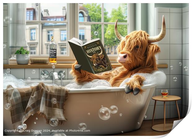 Highland Cow Reading in the Bath Print by Craig Doogan