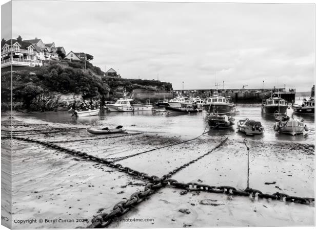 Newquay Harbour Black and White Landscape Canvas Print by Beryl Curran