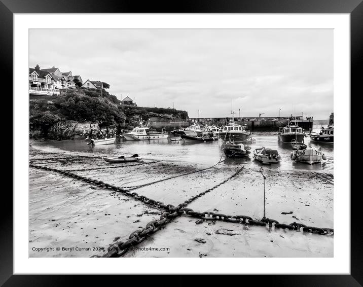 Newquay Harbour Black and White Landscape Framed Mounted Print by Beryl Curran