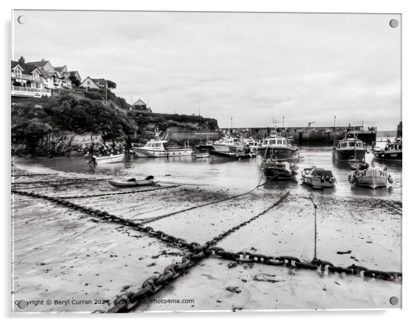 Newquay Harbour Black and White Landscape Acrylic by Beryl Curran
