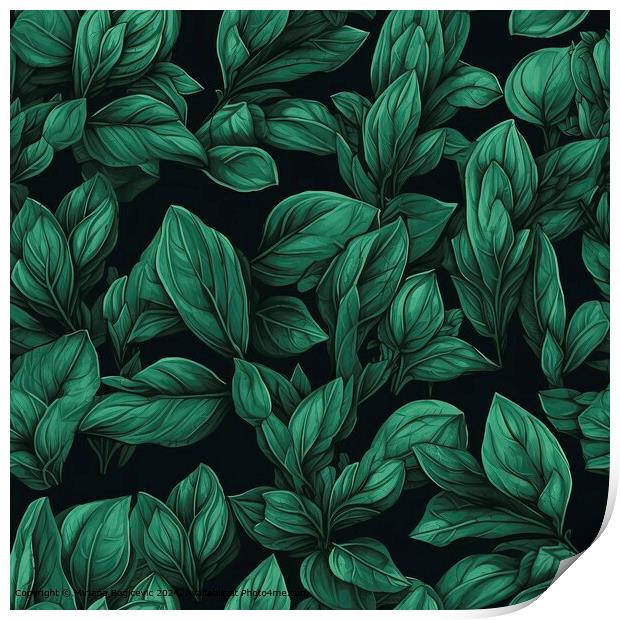 Green Basil Leaves Seamless Pattern Print by Mirjana Bogicevic