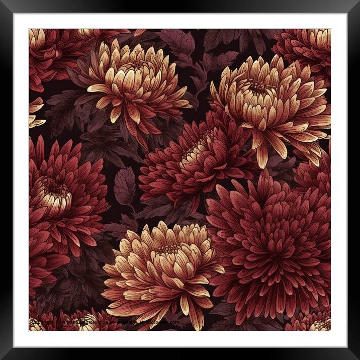 Burgundy Chrysanthemum Seamless Pattern Framed Mounted Print by Mirjana Bogicevic