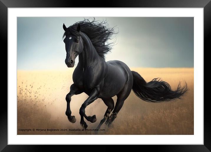 Black Horse Galloping Framed Mounted Print by Mirjana Bogicevic