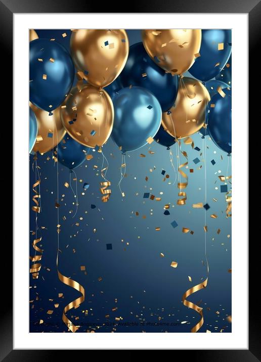 Golden Blue Balloons Abstract Framed Mounted Print by Mirjana Bogicevic