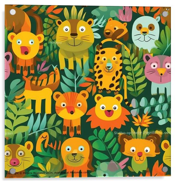 Colorful Jungle Creatures Seamless Pattern Acrylic by Mirjana Bogicevic