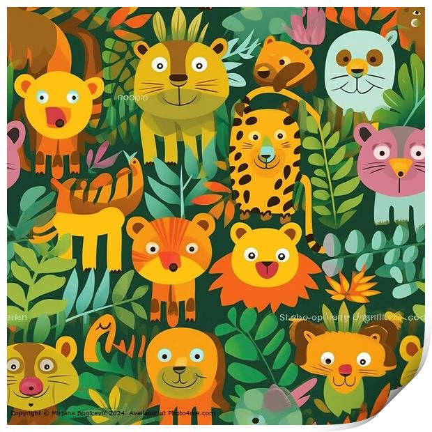 Colorful Jungle Creatures Seamless Pattern Print by Mirjana Bogicevic