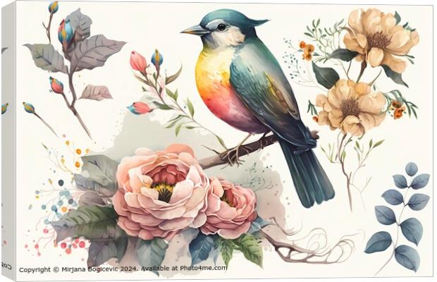 Vintage Watercolor Flora and Bird Canvas Print by Mirjana Bogicevic