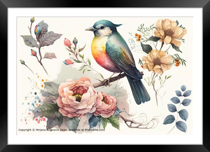 Vintage Watercolor Flora and Bird Framed Mounted Print by Mirjana Bogicevic