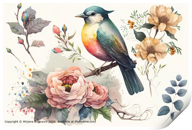Vintage Watercolor Flora and Bird Print by Mirjana Bogicevic