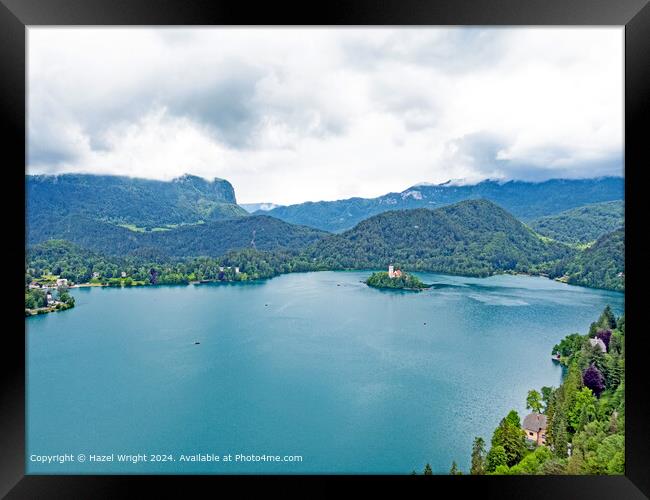 Bled, Church, and Lake Framed Print by Hazel Wright