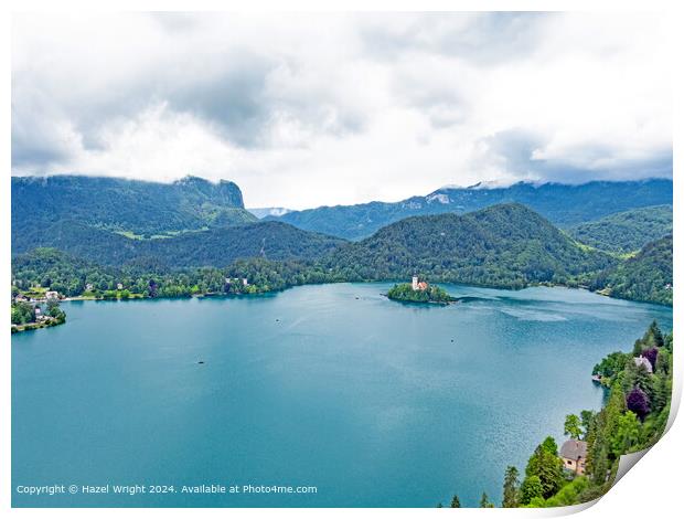 Bled, Church, and Lake Print by Hazel Wright