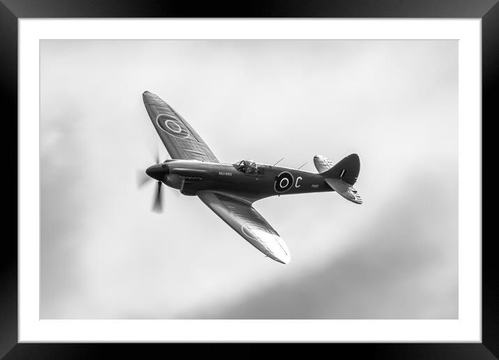 Supermarine Spitfire Black and White Framed Mounted Print by J Biggadike