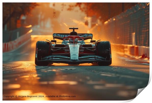 Fiery Sunset Formula Car Racing Print by Mirjana Bogicevic