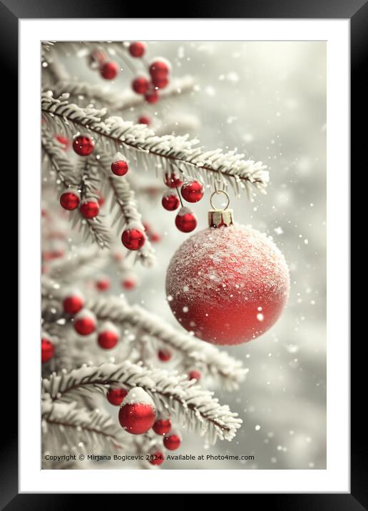 Vibrant red Christmas ornament dusted with snow becomes a focal point against the blurred backdrop Framed Mounted Print by Mirjana Bogicevic