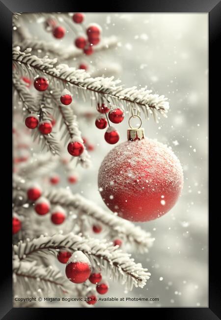 Vibrant red Christmas ornament dusted with snow becomes a focal point against the blurred backdrop Framed Print by Mirjana Bogicevic
