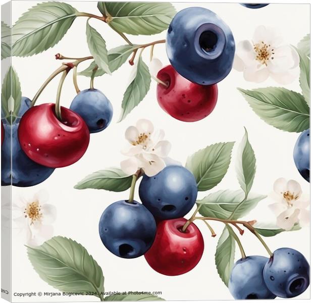 Cherry Blueberry Seamless Pattern Canvas Print by Mirjana Bogicevic