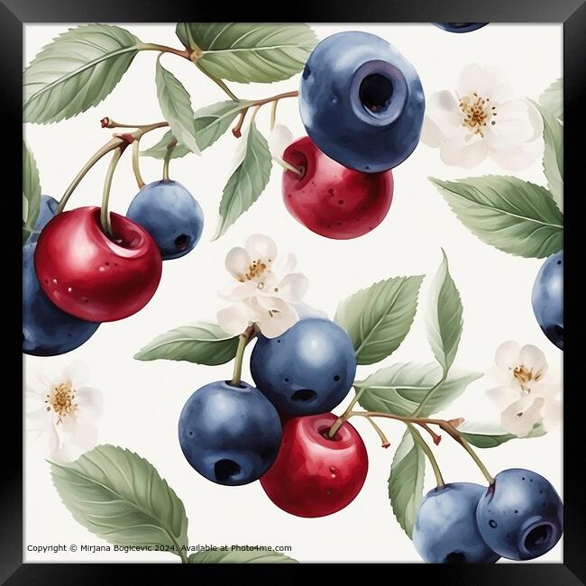Cherry Blueberry Seamless Pattern Framed Print by Mirjana Bogicevic