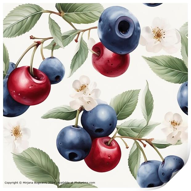 Cherry Blueberry Seamless Pattern Print by Mirjana Bogicevic