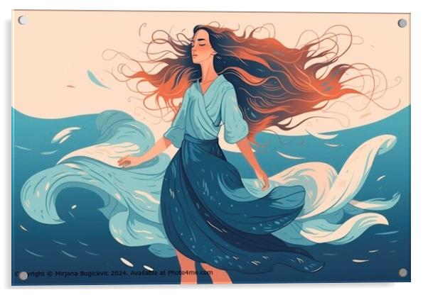 Flowing Hair Woman Ocean Acrylic by Mirjana Bogicevic