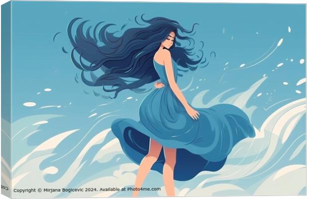 Woman, Flowing Hair, Blue Ocean Canvas Print by Mirjana Bogicevic