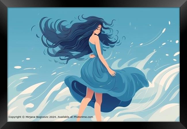 Woman, Flowing Hair, Blue Ocean Framed Print by Mirjana Bogicevic