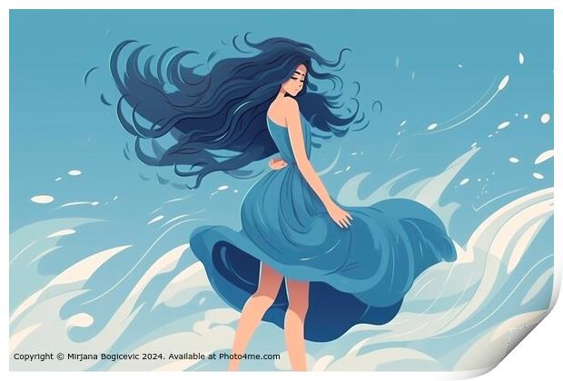 Woman, Flowing Hair, Blue Ocean Print by Mirjana Bogicevic