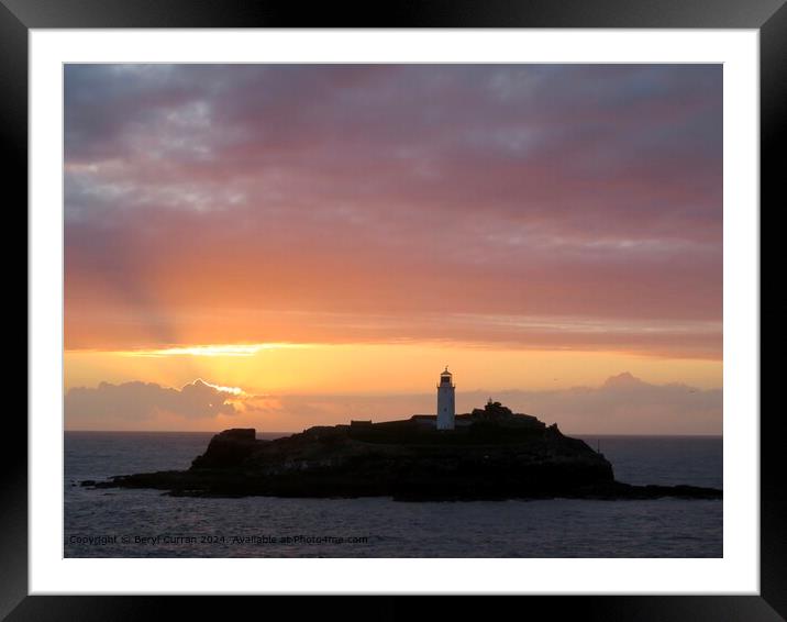 Golden Sunset Godrevy Lighthouse Framed Mounted Print by Beryl Curran