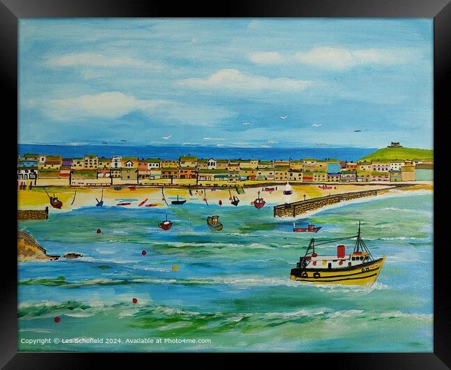 St Ives Harbour Boats Framed Print by Les Schofield