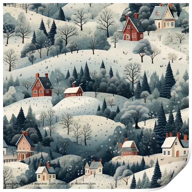 Snowy Cottages Pattern Nostalgia Print by Mirjana Bogicevic