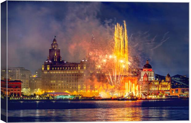 Liverpool Waterfront Fireworks Canvas Print by Kevin Elias