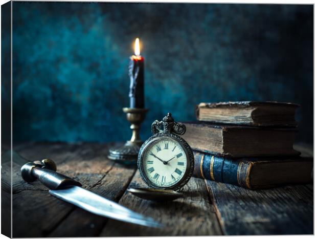 Still Life with Books, Knife, and Candle Canvas Print by Tom McPherson