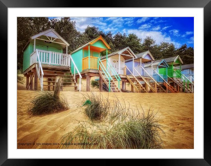 Wells-next-the-Sea, Beach Huts, Blue Sky Framed Mounted Print by Aj’s Images
